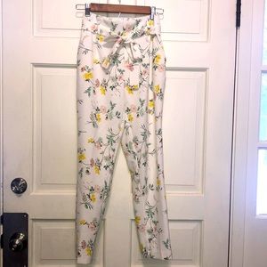 Yellow Floral Ankle Cropped Pants & Jumpsuits
